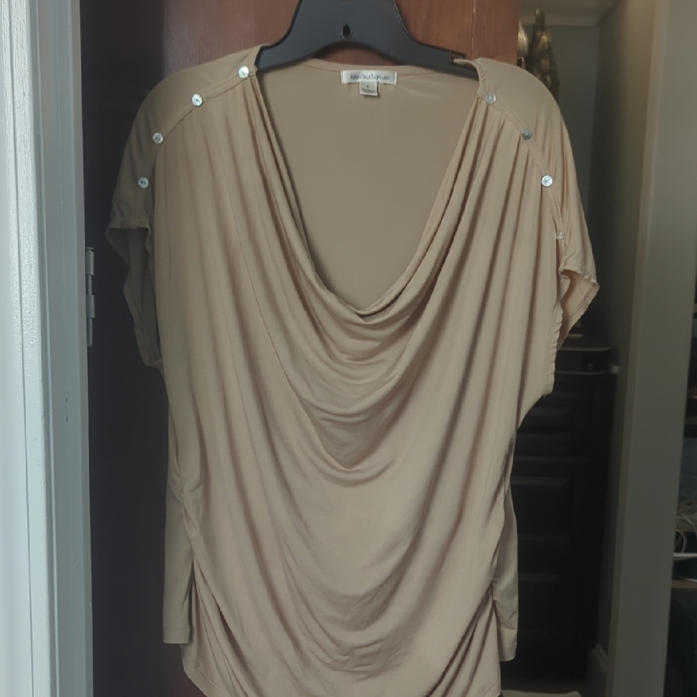 New York & Company Tan Drape Blouse with Button Accents